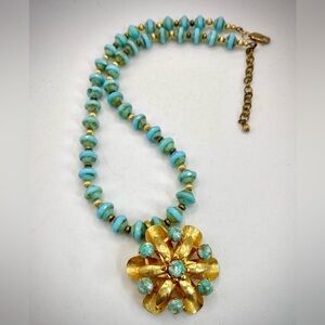 Vintage Faux Turquoise and Gold Tone Necklace with Removable Floral Brooch